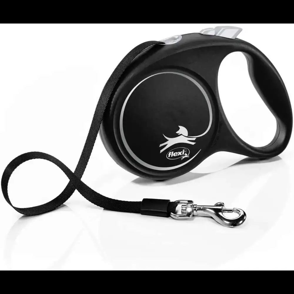 Black retractable dog leash featuring Flexi Neon and chrome snap hook for small dogs