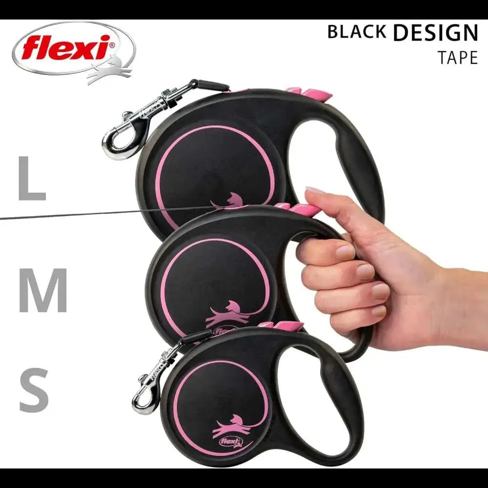 Black retractable dog leashes featuring Flexi Neon Tape Orange and chrome snap hook