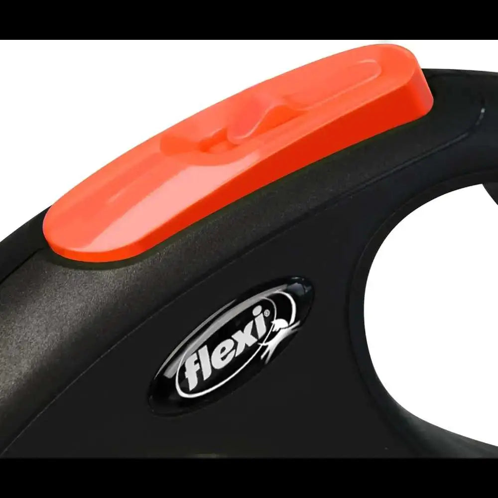 Black Flexi New Neon Tape Orange 5m Retractable Dog Leash with chrome snap hook