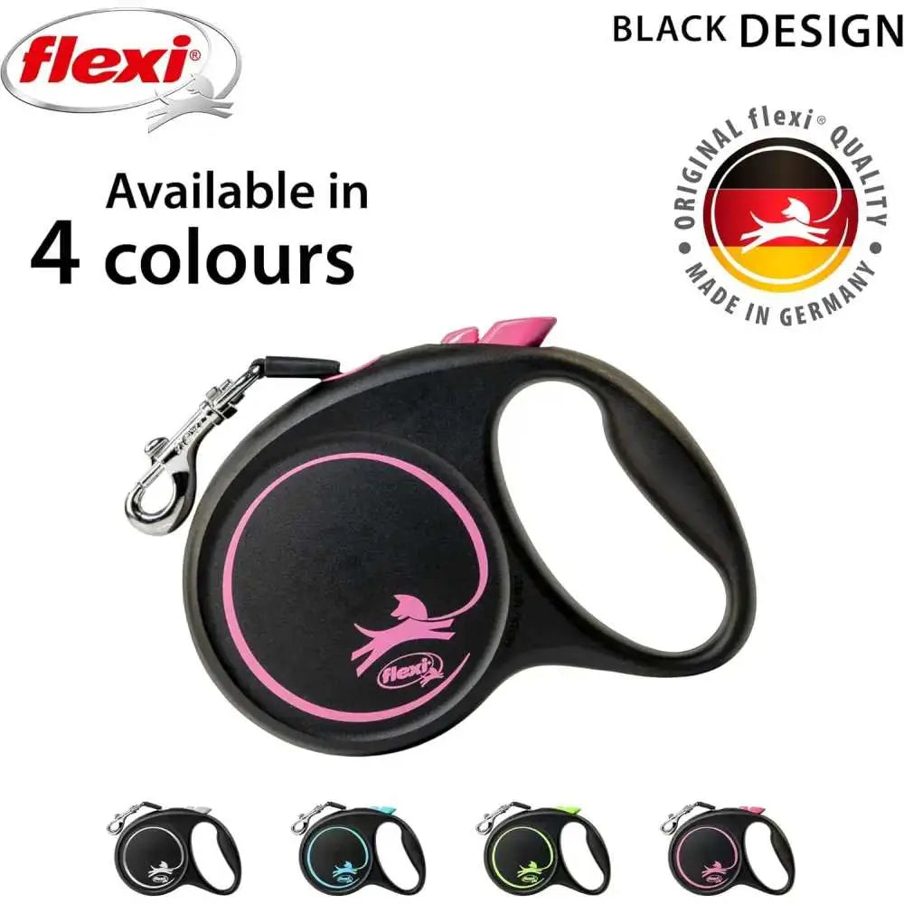 Black retractable dog leash featuring Flexi Neon Tape Orange and chrome snap hook