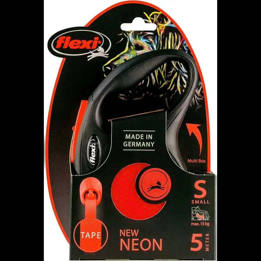 Flexi New Neon Tape Orange Retractable Dog Leash with chrome snap hook for dogs up to 15kgs
