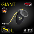 Black and gray retractable dog leash with Flexi Neon Tape Orange and chrome snap hook