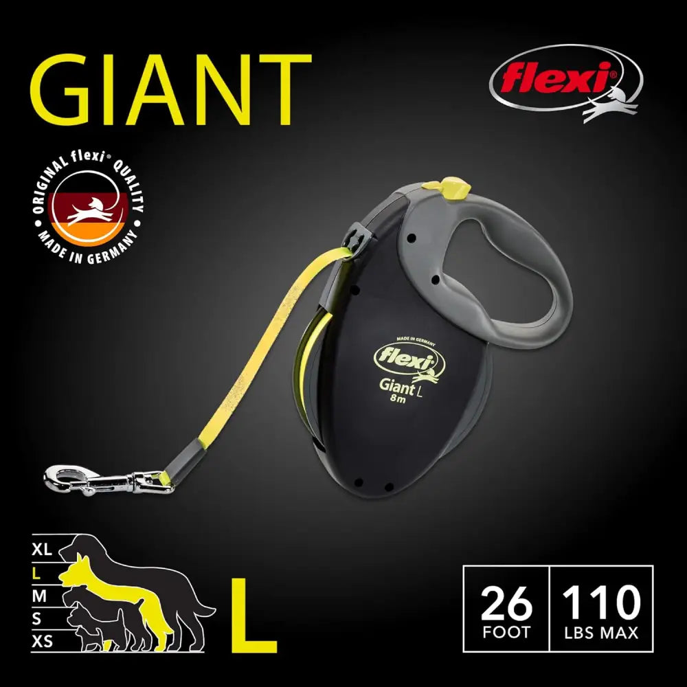 Black and gray retractable dog leash with Flexi Neon Tape Orange and chrome snap hook