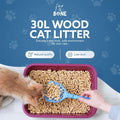 Wood cat litter in a purple tray featuring Fur & Bone 30L Premium with natural fresh scent