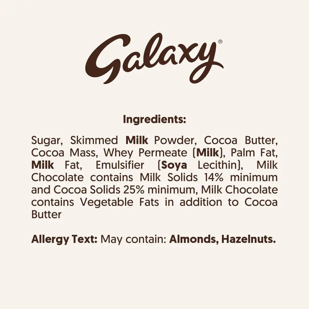 Galaxy Milk Chocolate Bar Indulgence Extra Large Easter Egg ingredients and allergy info