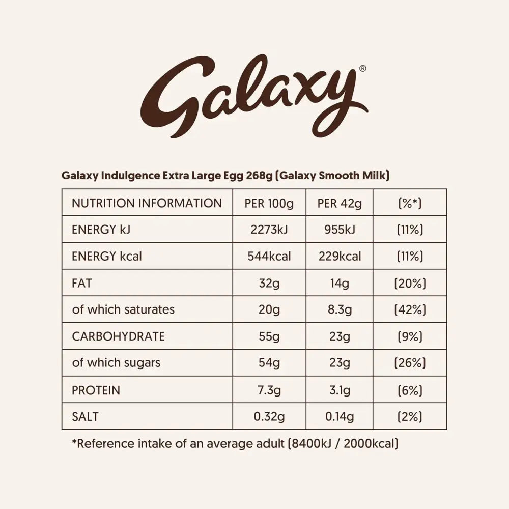 Galaxy Milk Chocolate Bar Indulgence Extra Large Easter Egg 268g nutrition information