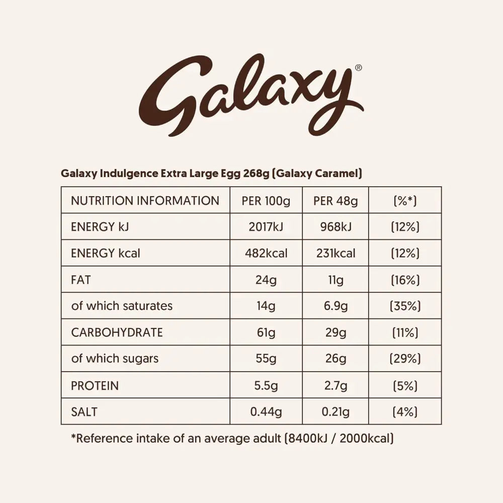 Nutrition information for Galaxy Milk Chocolate Indulgence Extra Large Easter Egg 268g