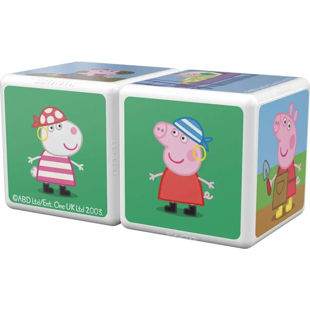 Two Peppa Pig-themed building blocks in a Geomag Magicube Peppa Pig Travel set