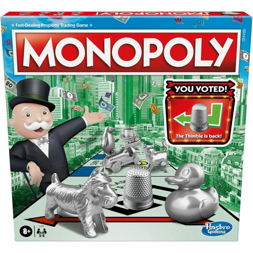 Monopoly board game alongside Hasbro Gaming Bop electronic game for classic dexterity fun