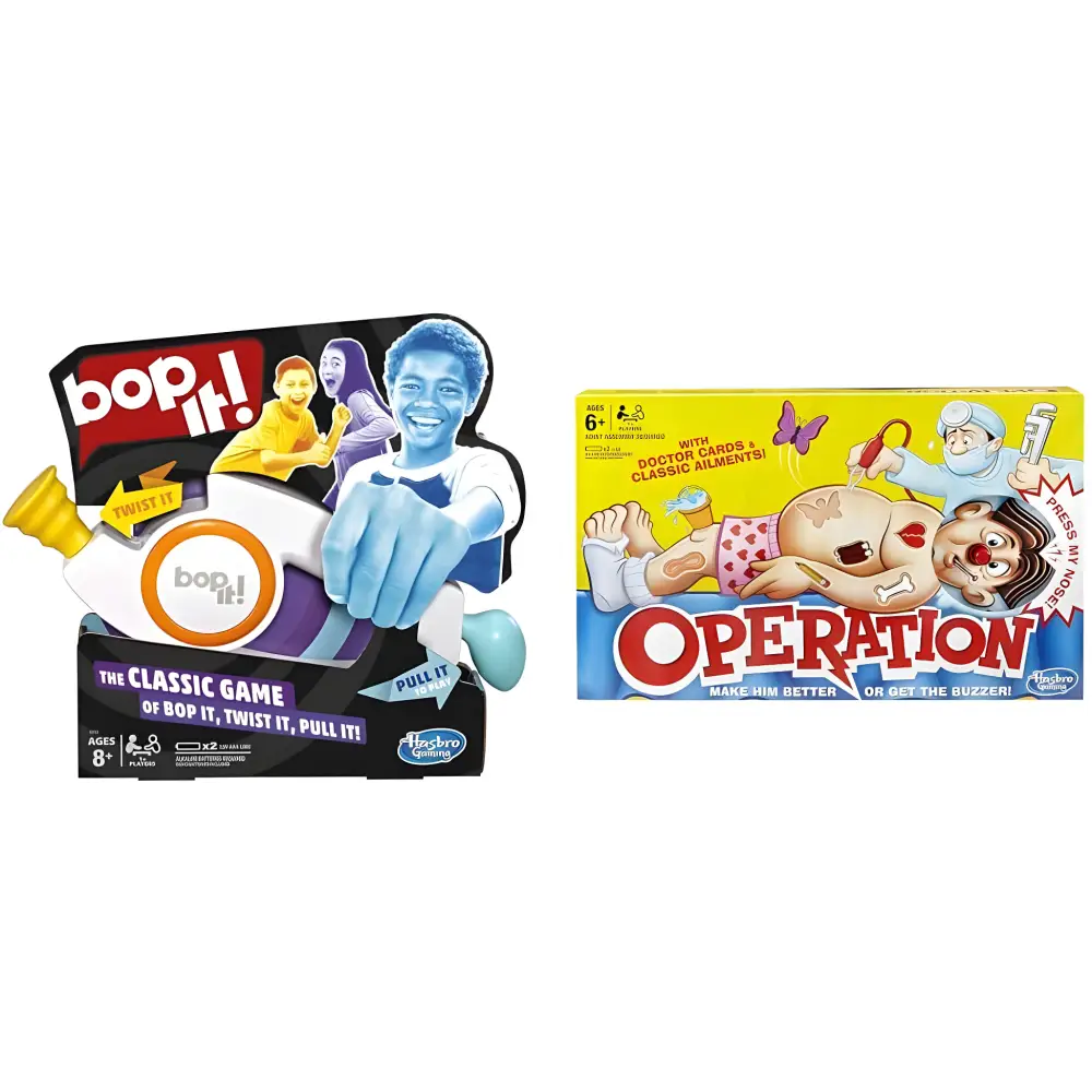 Two boxed board games, including Hasbro Gaming Bop it electronic game for classic dexterity fun