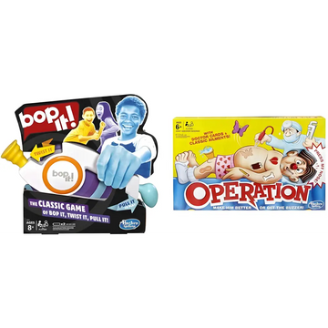 Two boxed board games, including Hasbro Gaming Bop it electronic game for classic dexterity fun