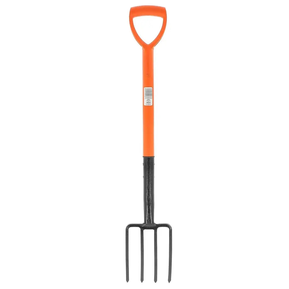 Orange-handled garden fork, ideal for heavy duty garden border digging tasks