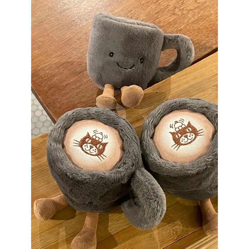 Gray Jelly Cat Plush Fun Coffee Cup with a smiling face perfect for cuddles