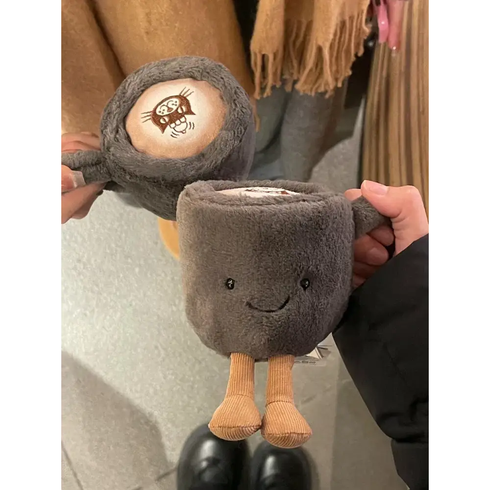 Two gray Jelly Cat plush coffee cup toys for cute and fun decor