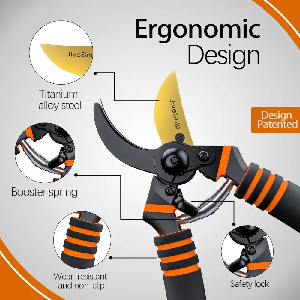 Black and orange JiveSnip Premium Titanium Garden Secateurs with replacement blade and spring