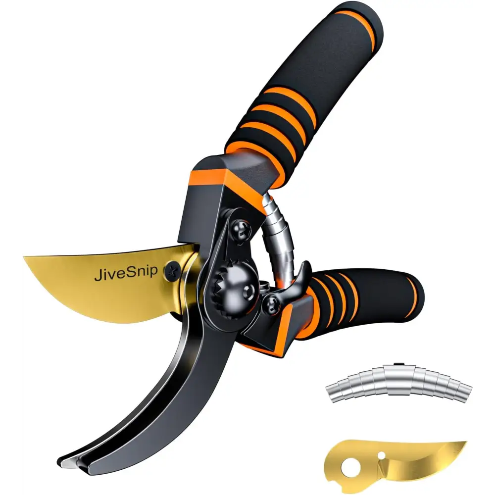 Black and orange JiveSnip Premium Titanium Garden Secateurs with replacement blade and spring