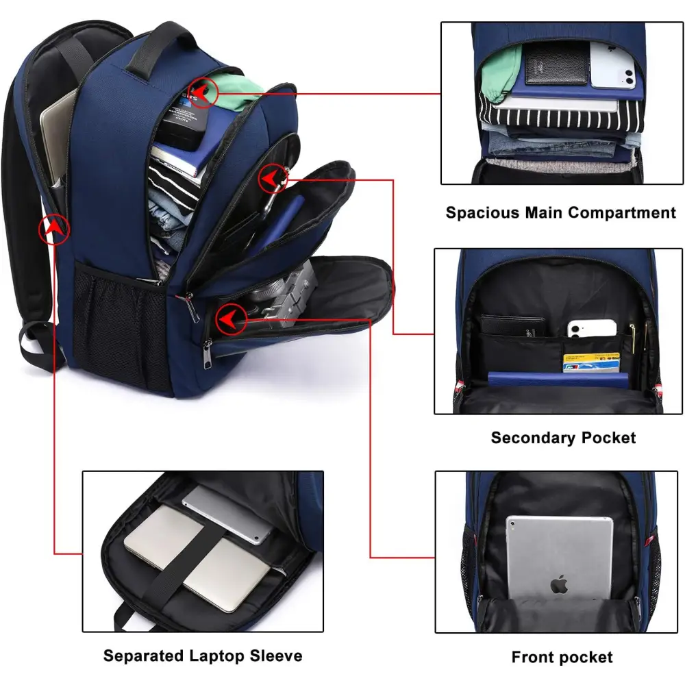 Blue Laptop Backpack Mens with multiple compartments for school, travel, and business use