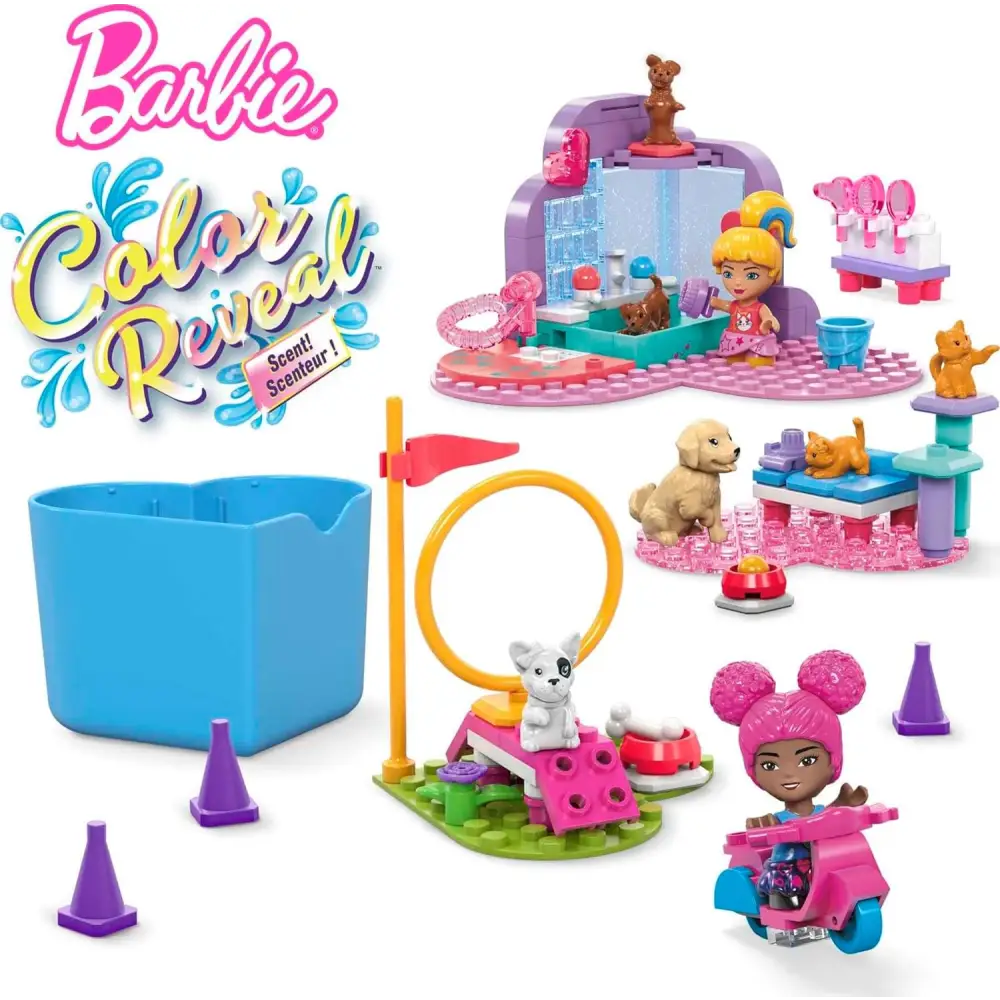 MEGA Barbie Color Reveal Building Toy Playset Train n Wash Pets with 152 Pieces 15 Surprises Accessories and 6 Pets