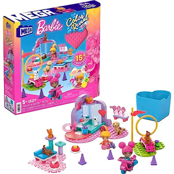 MEGA Barbie Color Reveal Building Toy Playset Train n Wash Pets with 152 Pieces 15 Surprises Accessories and 6 Pets