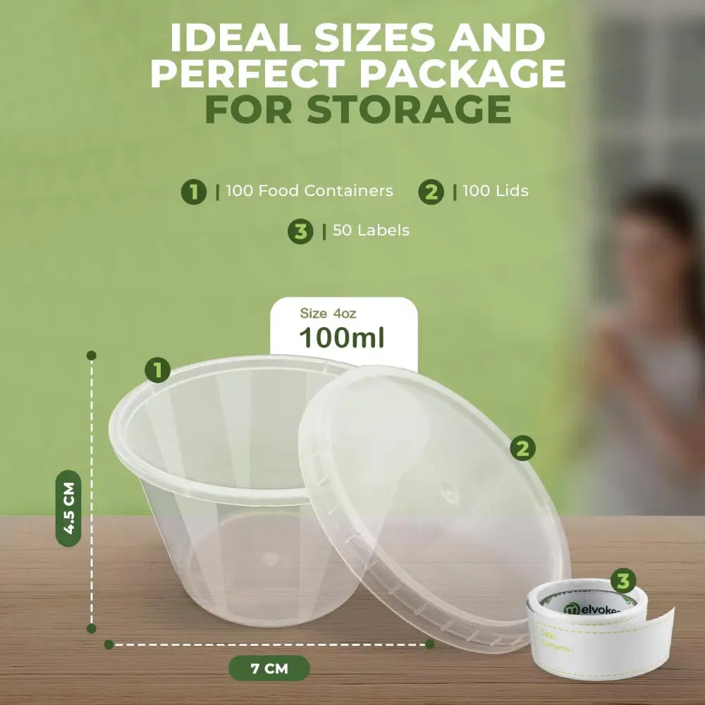 Clear plastic takeaway containers with lids and labels for meal prep and freezing