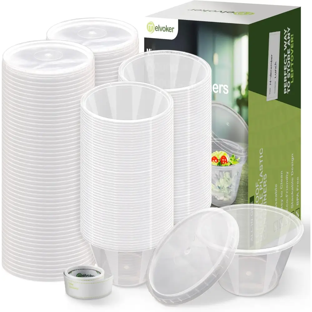 Stacks of clear plastic takeaway containers with lids for meal prep and freezer storage