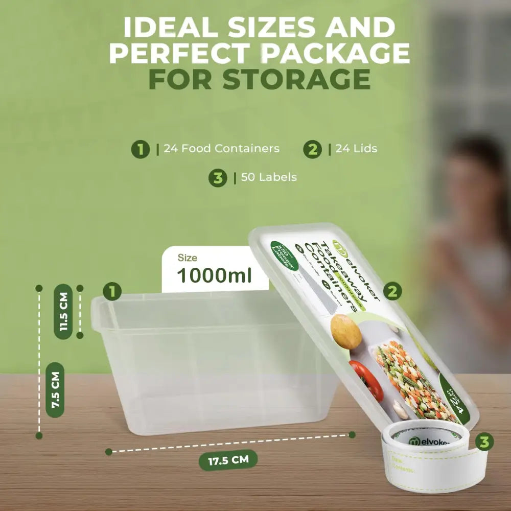 Melvoker 24 Pack Food Container set with labels for plastic takeaway and freezer containers