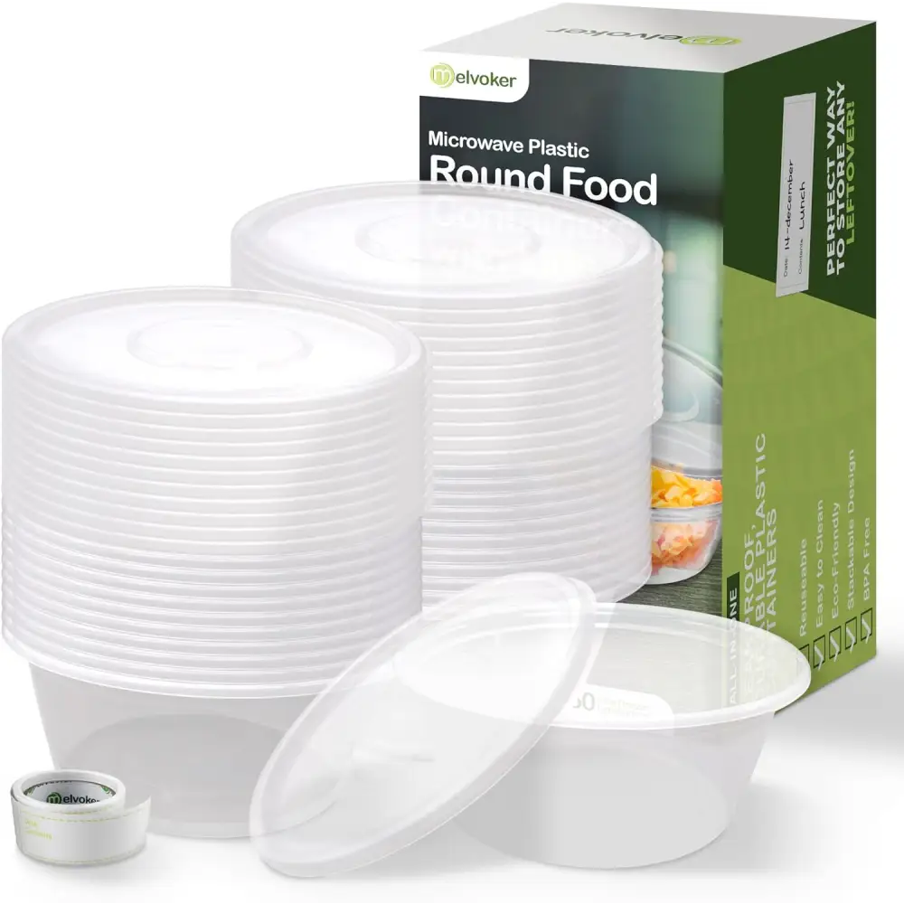 Stacks of Melvoker plastic takeaway containers and lids ideal for freezer storage