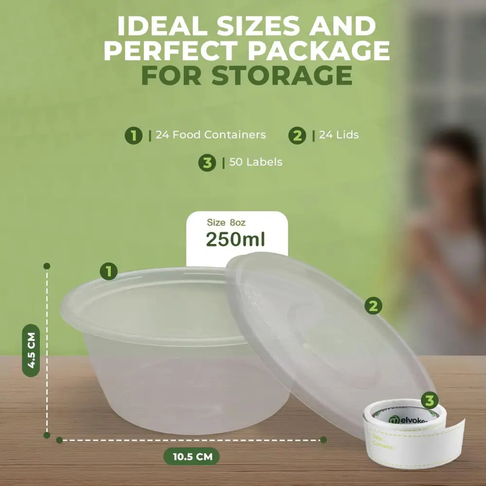 Round Melvoker plastic takeaway containers with lids and labels for meal prep and freezing