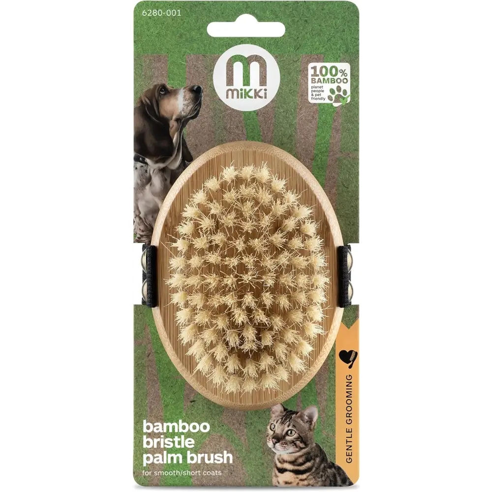 Mikki Bamboo Moulting Massage Palm Brush for gentle grooming of pets with natural bamboo