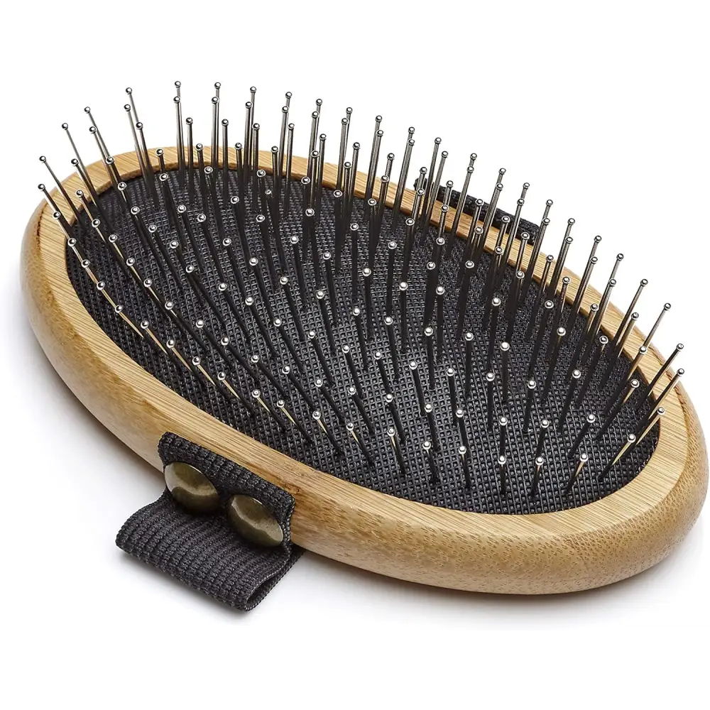 Oval Mikki Bamboo Moulting Massage Palm Brush with metal bristles for gentle grooming