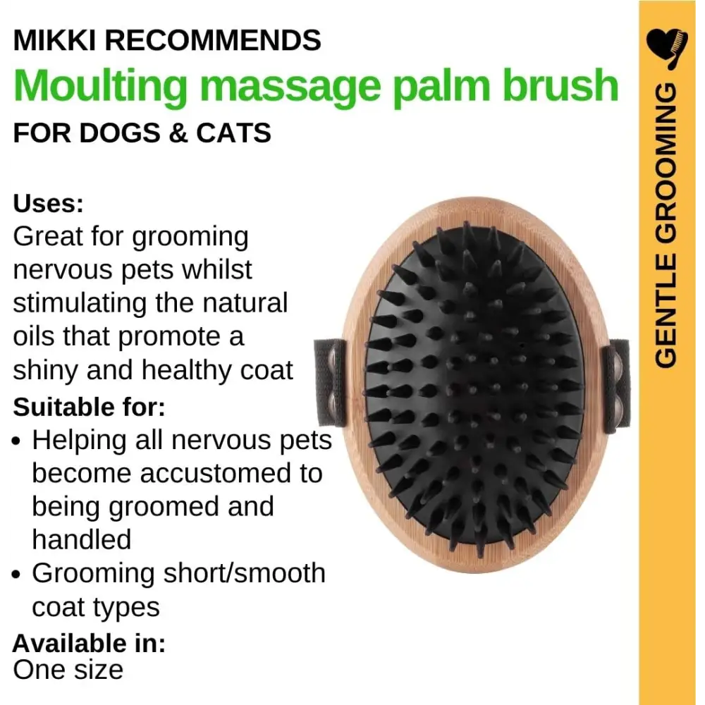 Mikki Bamboo Moulting Massage Palm Brush for gentle pet grooming of dogs and cats