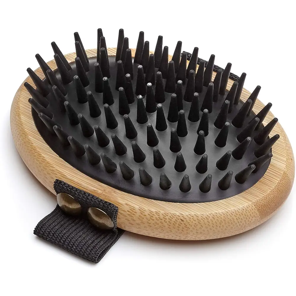 Oval wooden brush with black rubber bristles for Mikki Bamboo Moulting Massage Palm