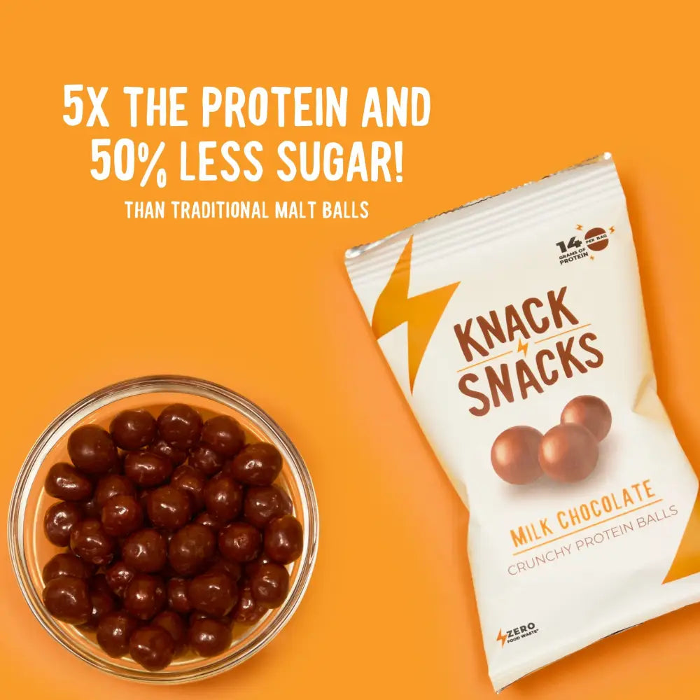 Knack Snacks Milk Chocolate Crunchy Protein Balls pack, promoting zero food waste