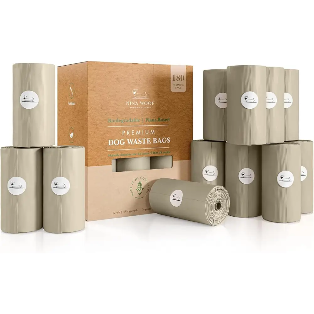 Nina Woof Dog Poop Bags Rolls and Dispenser Box for eco-friendly woof dog poop bags