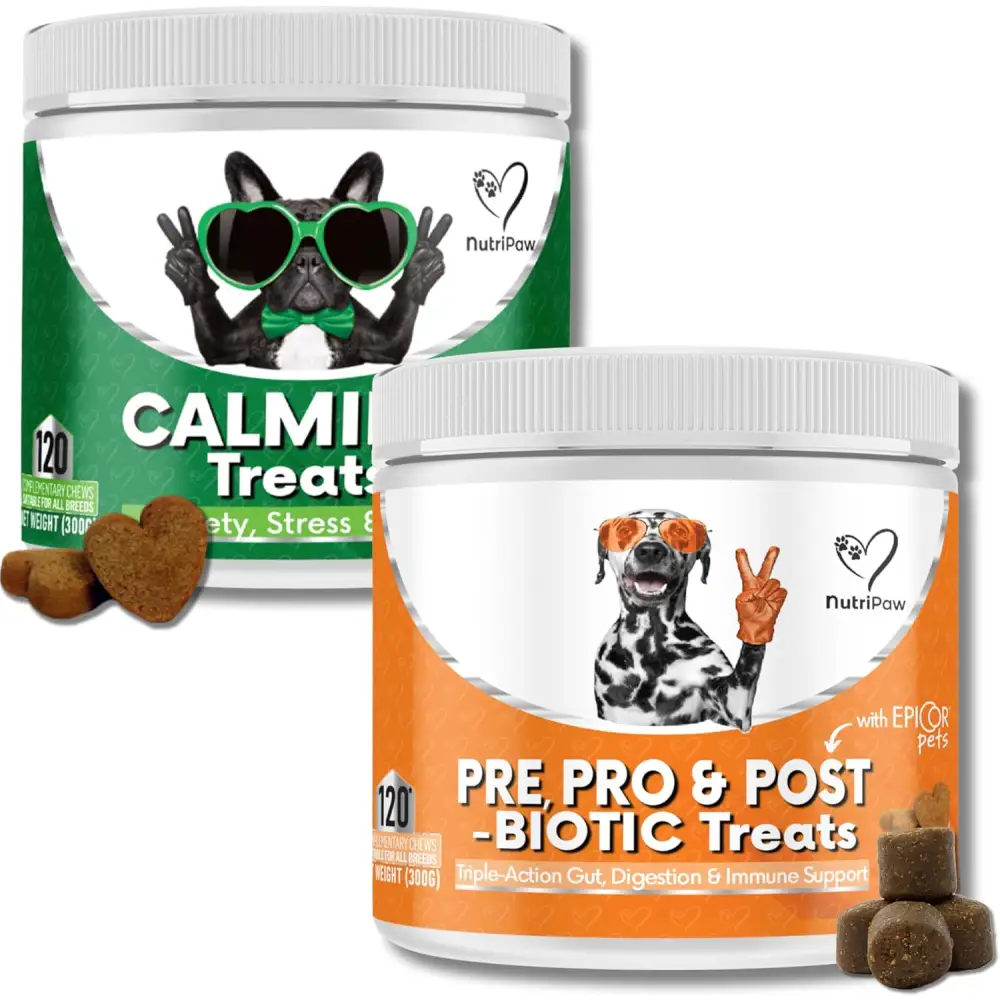 Two containers of NutriPaw Calming Treats for Dogs to reduce dog’s anxiety without drowsiness