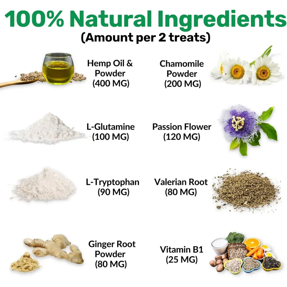 Natural ingredients list for NutriPaw Calming Treats to reduce dog’s anxiety without drowsiness