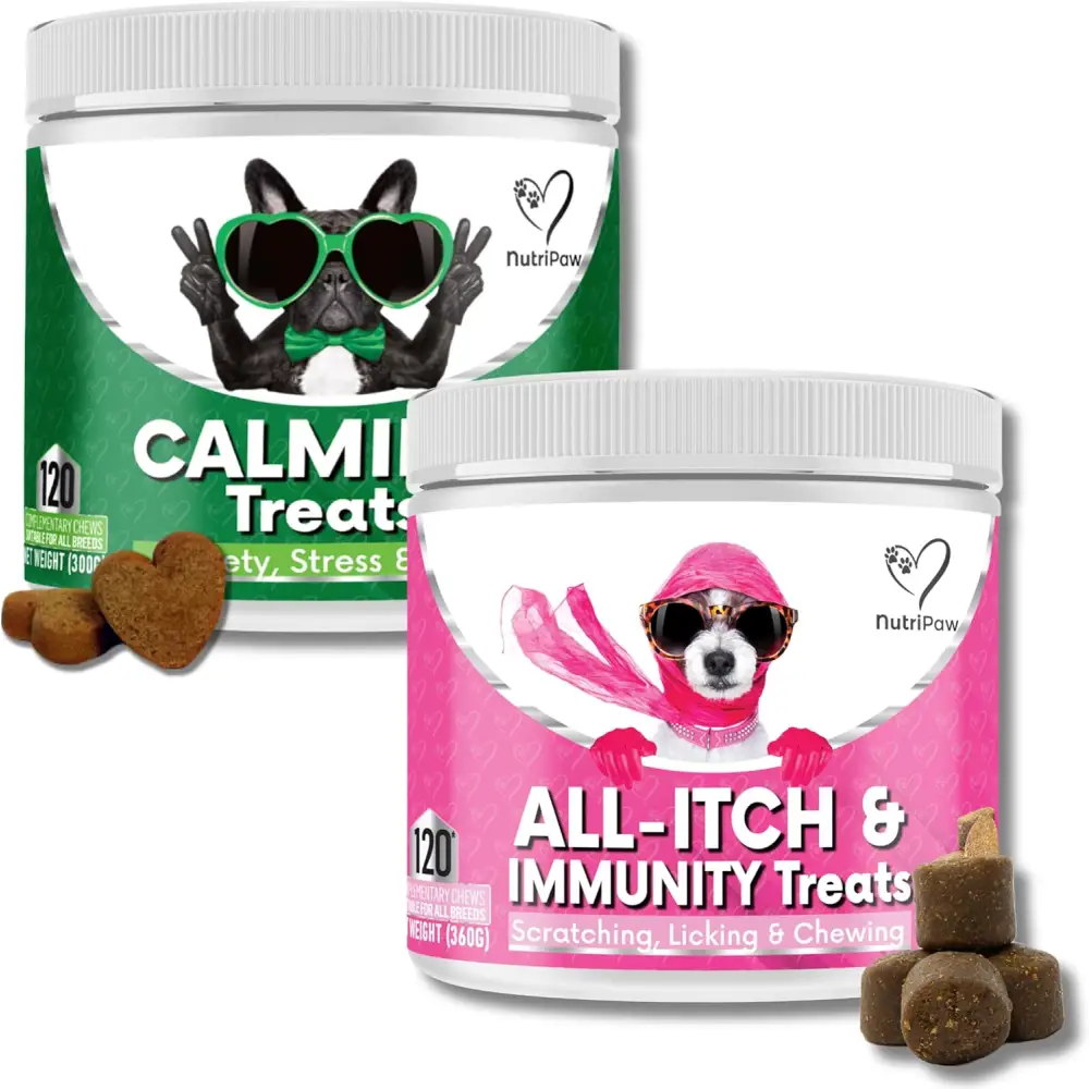 Dog treat containers for NutriPaw Calming Treats to reduce dog’s anxiety without drowsiness