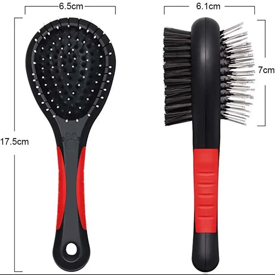 Dual-sided pet grooming brush with dimensions for dogs, cats, and puppies in orange