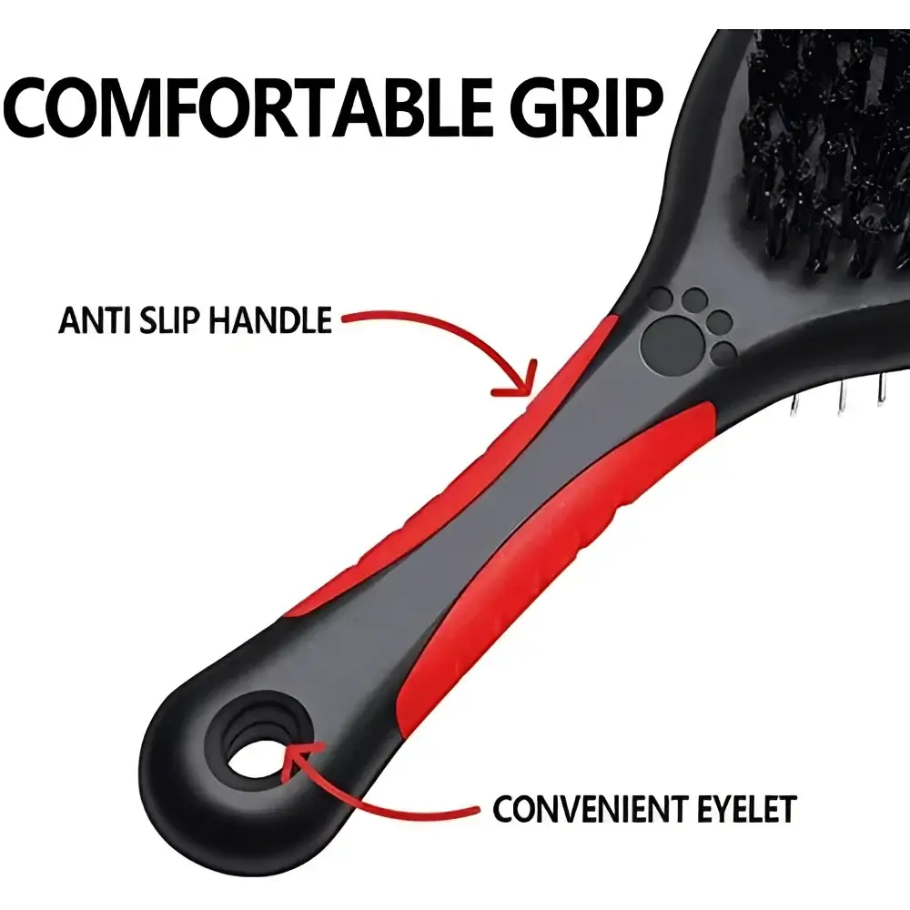 Ergonomic double sided pet brush for grooming dogs, cats, and puppies efficiently