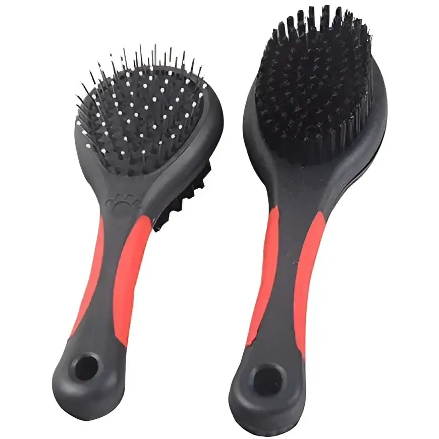 Two black and red double sided pet brushes for grooming dogs, cats, and puppies