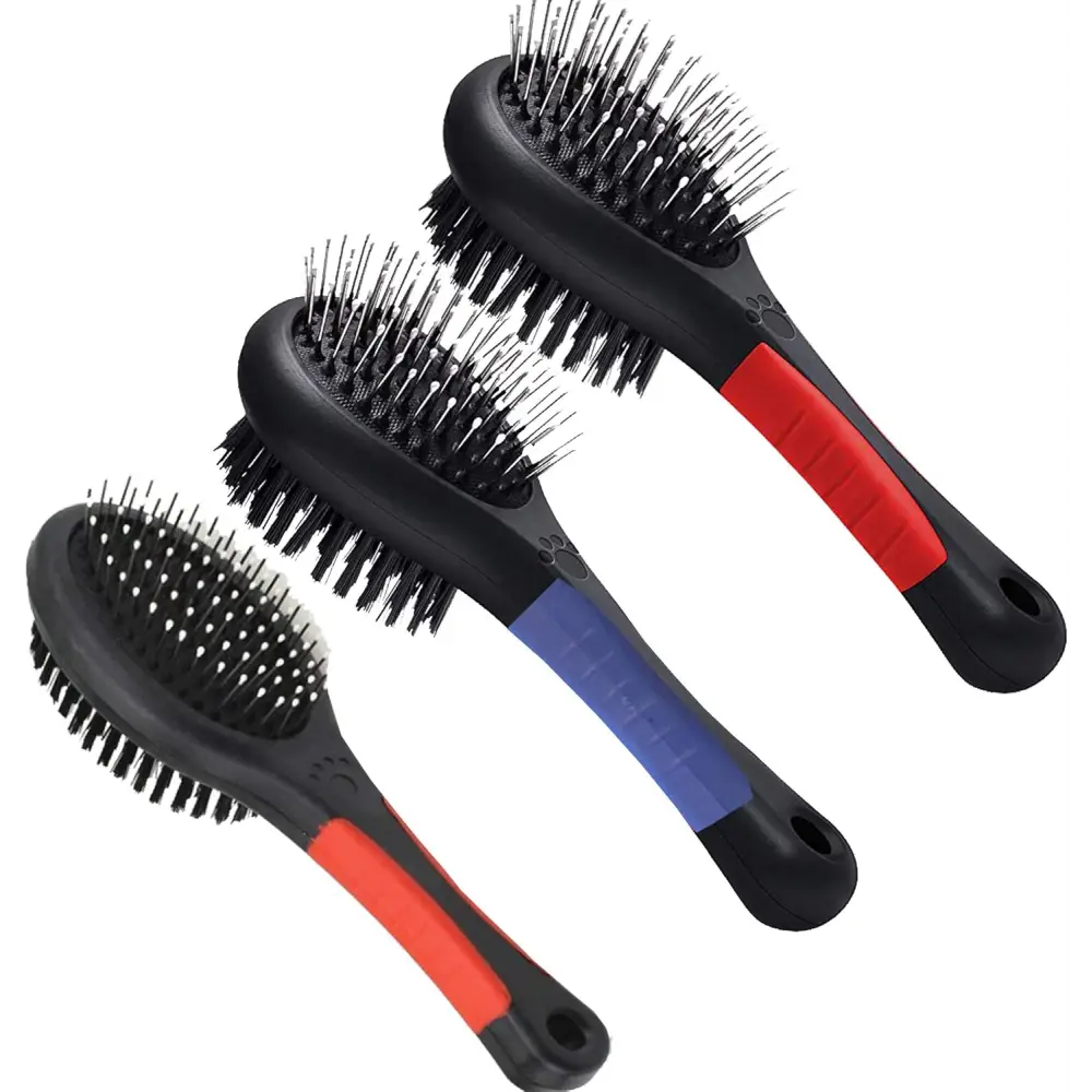 Three double sided pet brushes for dogs, cats, and puppies in vibrant orange