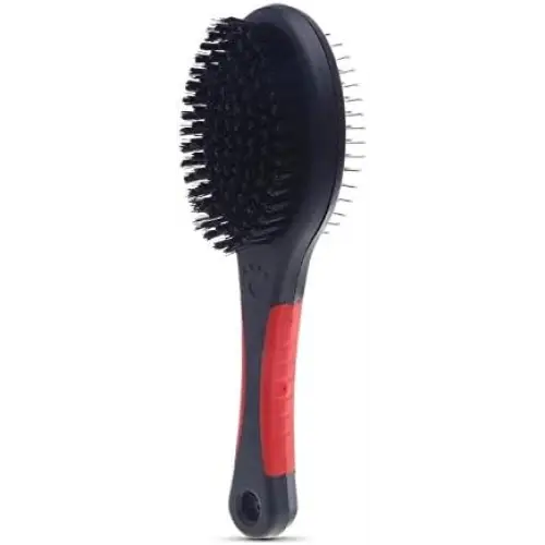 Red dual-sided pet grooming brush for dogs, cats, puppies, and small animals