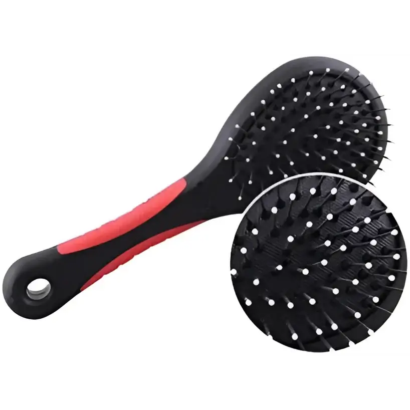 Black and red hairbrush for grooming dogs and cats with a double sided pet brush design