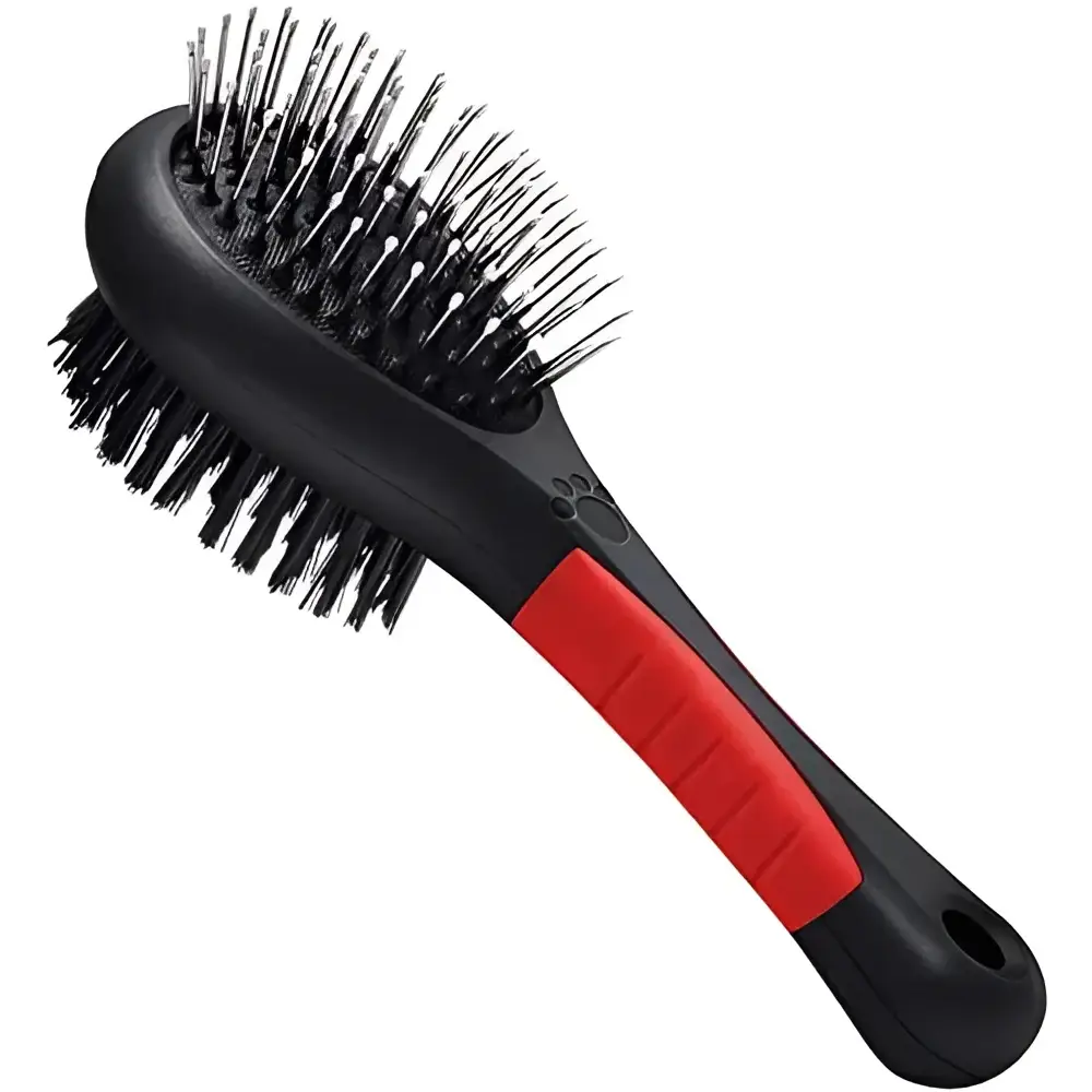 Dual-sided pet grooming brush for dogs, cats, and puppies, perfect for removing pet hair