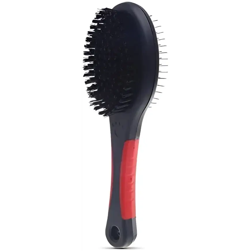 Black and red double sided pet brush for dogs, cats, and puppy grooming needs