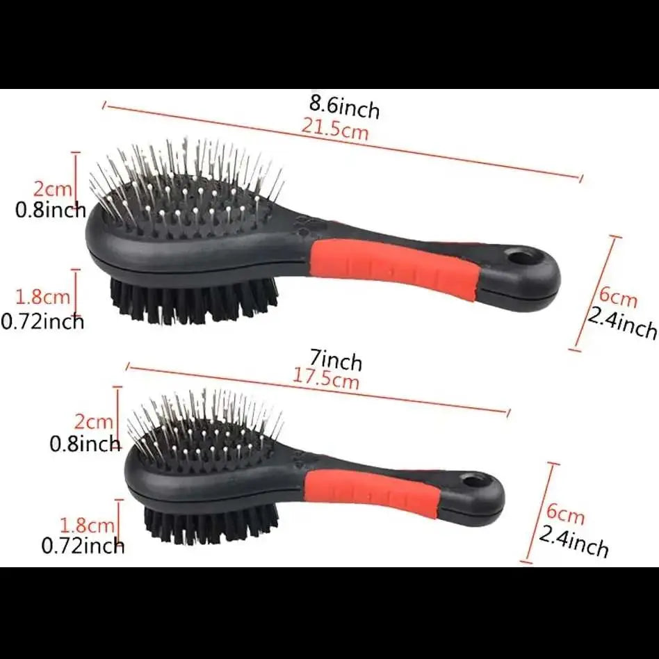 Two-sided pet grooming brush dimensions for dogs, cats, and puppies in orange color