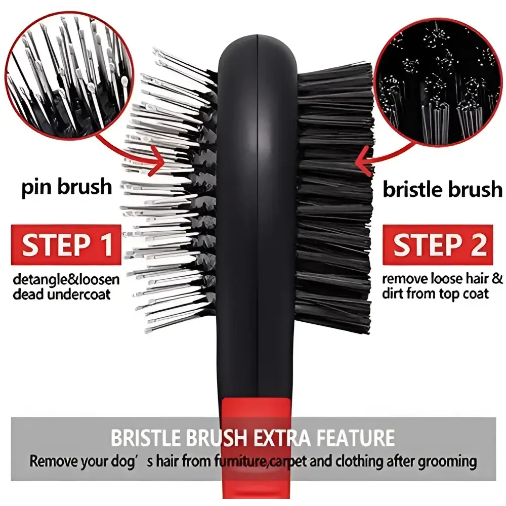 Double sided pet brush for dogs, cats, and puppies, ideal for removing pet hair