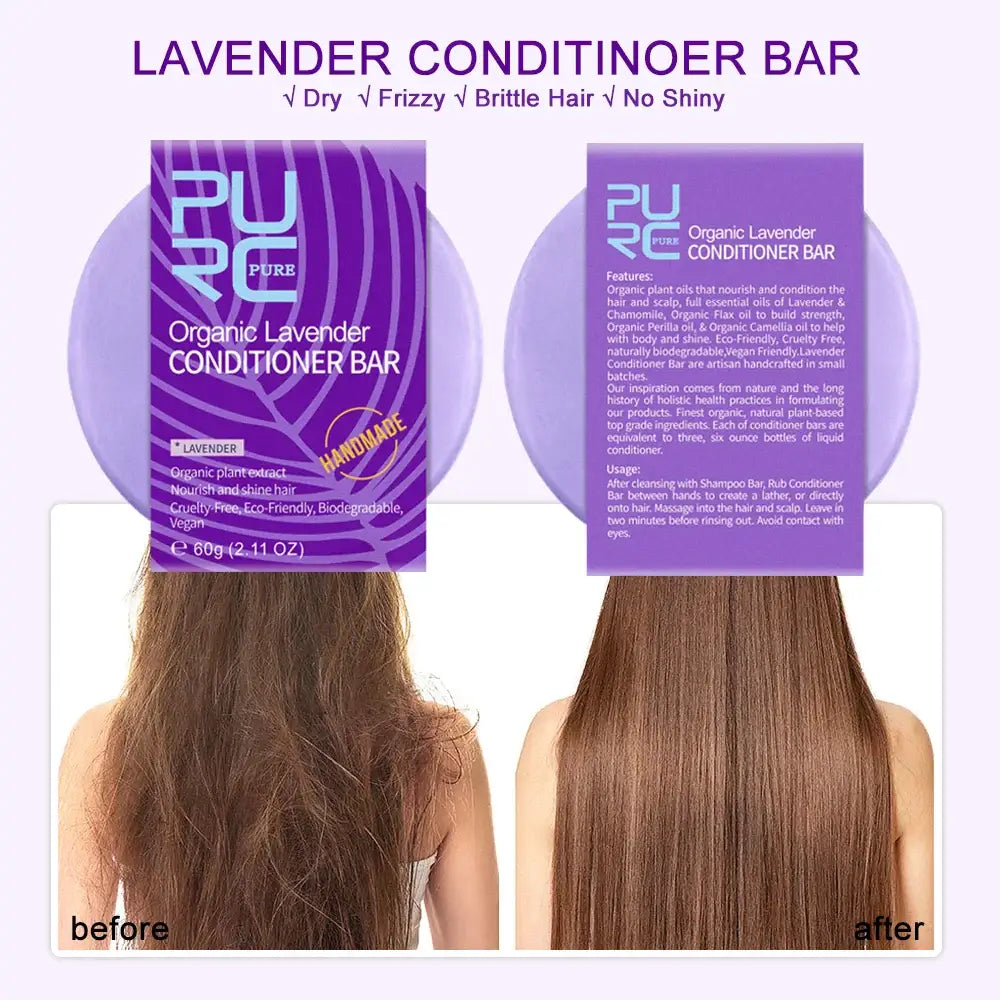 Lavender conditioner bar with before-and-after hair transformation for effective hair care