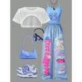 SHEIN 3pcs/Set Spring/Summer Tween Girls Casual Loose Mesh Cropped Top + Allover Print Camisole + Wide Leg Pants Suit