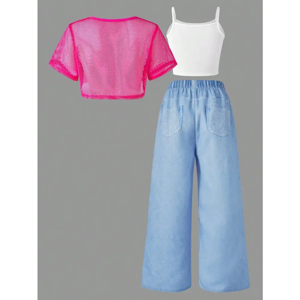 SHEIN 3pcs/Set Spring/Summer Tween Girls Casual Loose Mesh Cropped Top + Allover Print Camisole + Wide Leg Pants Suit